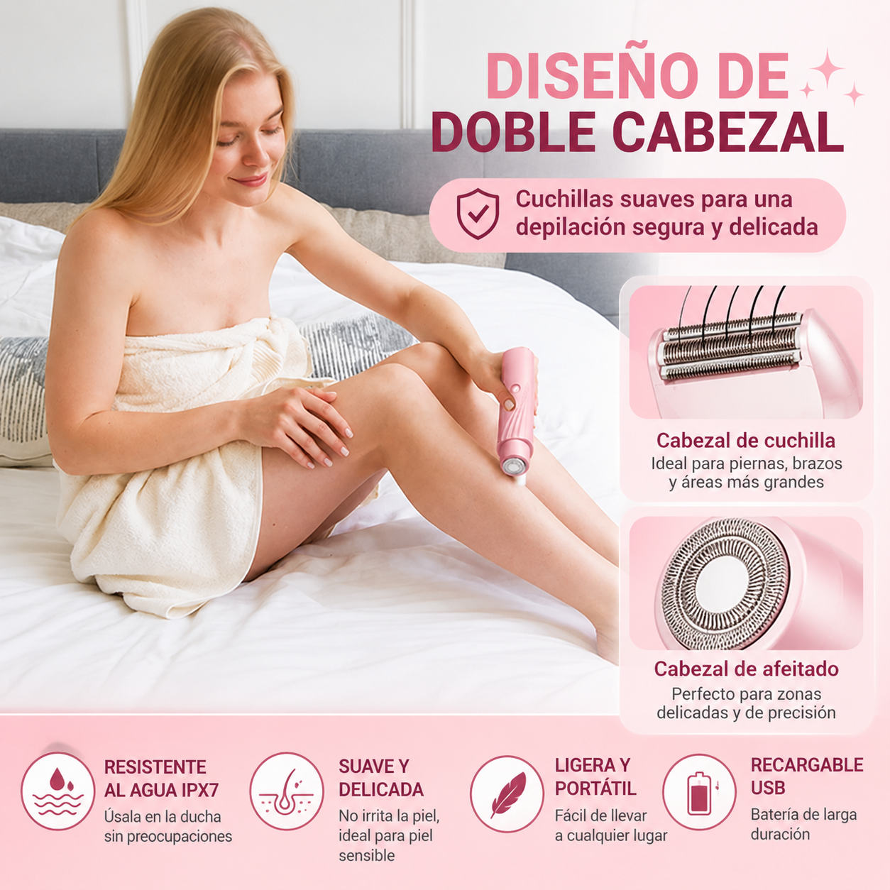 🌸✨ Depiladora Facial y Corporal 2 en 1 para Mujer | Doble Cabezal + Resistente al Agua IPX7 💖