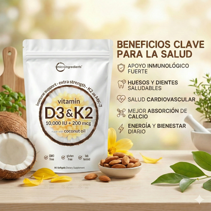 MicroIngredients® Vitamina D3+K2 Complex | Revitaliza tu Cuerpo (Suministro para 3 Meses 90und)