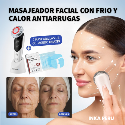 Masajeador Facial con frio y calor Antiarrugas + 2 Mascarillas de Colágeno GRATIS