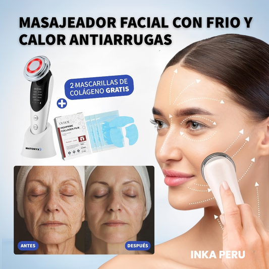 Masajeador Facial con frio y calor Antiarrugas + 2 Mascarillas de Colágeno GRATIS